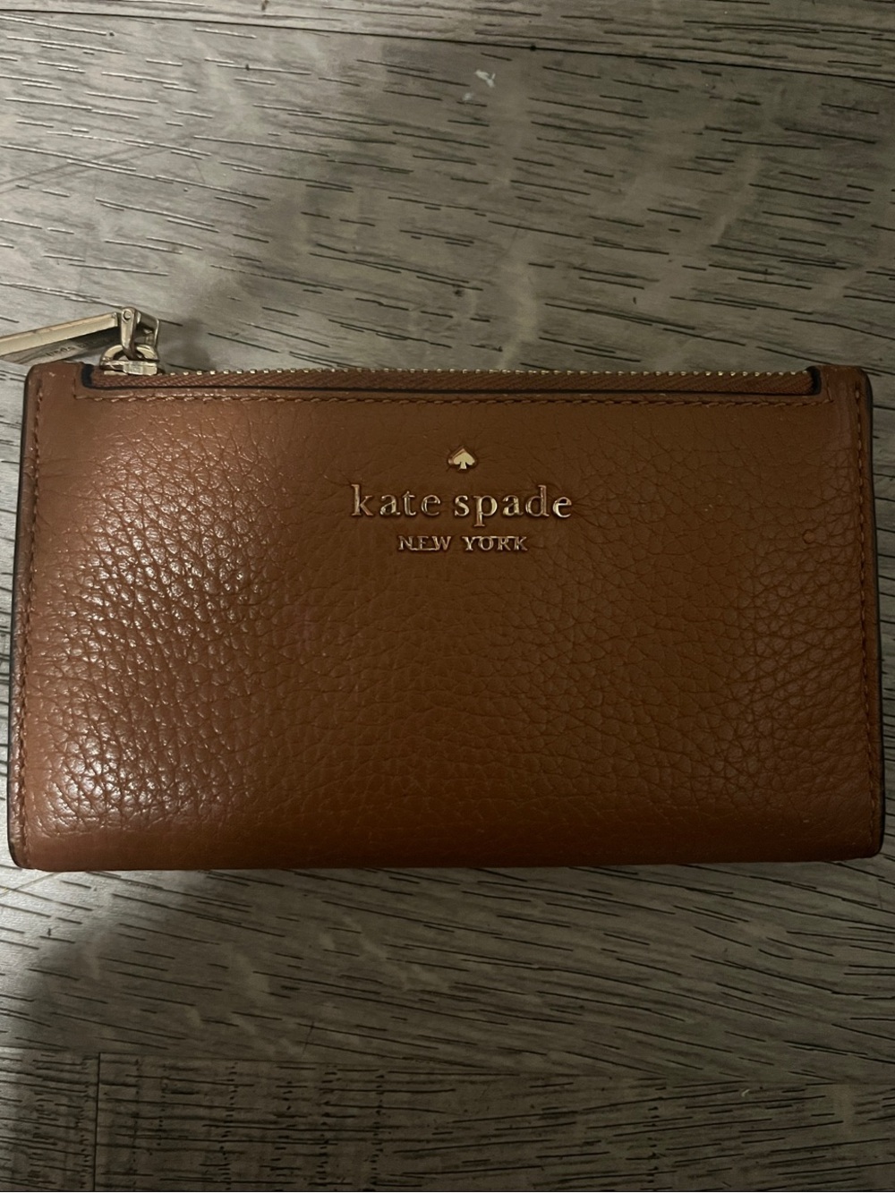 kate spade Brown Pebbled Leather Zip Wallet with Gold Logo